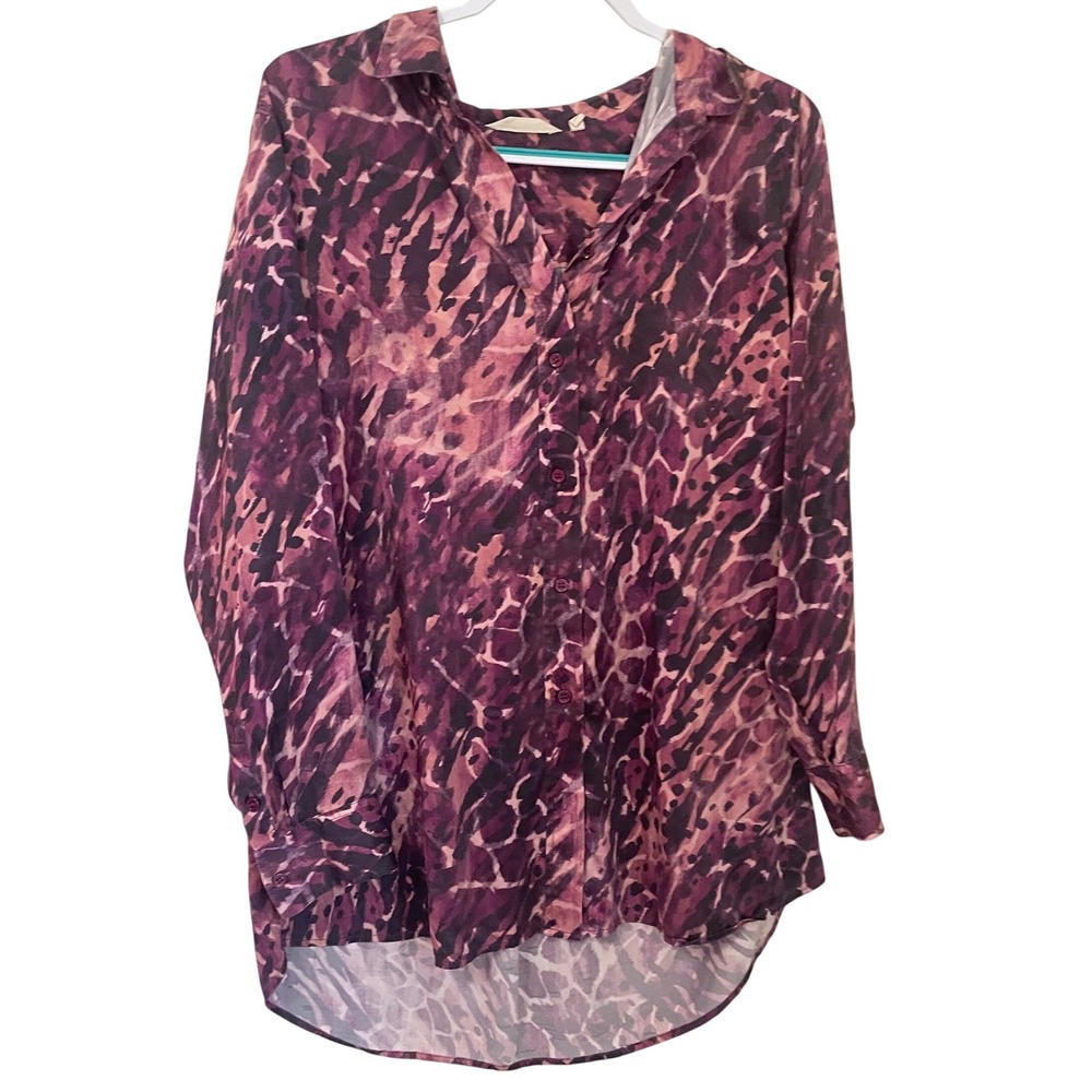 Soft Surroundings XL 100% Silk Button Up Tunic Abstract Animal Print Purple